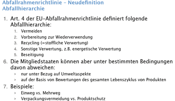 Abfallrahmenrichtlinie - Neudefinition "Abfallhierarchie"