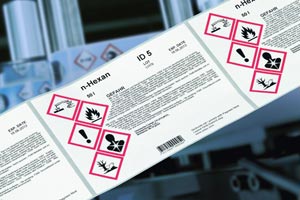 Zweifarbige, variable GHS-Kennzeichnung inline ab Datenbank wird mit Pagomat Druck- und Etikettiersystemen möglich.