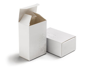 Ein Beispiel, wie die Blindenschrift gemäß neuer Richtlinie auf Verpackungen  mit der geforderten Punkthöhe über 0,12 mm umgesetzt wird.