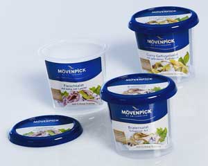 Die Verpackung soll gezielt die Eigenschaften der Premium-Marke Mövenpick widerspiegeln und den exklusiven Charakter des Produkts, sechs verschiedene Feinkostsalate, unterstreichen.