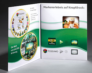 Bei dieser Vidipri*+®+*Lösung für Jakobs wurde zur Vorstellung der neuen Angebote für Tassimo ein Produktfilm in eine Broschüre eingebaut.