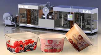 Die neue Form-, Füll- und Schließmaschine FSL 48, konzipiert für das hygienische Abfüllen und Verpacken insbesondere von Molkereiprodukten bei zugleich brillanter IML-Dekoration der thermogeformten Becher unterschiedlichster Geometrie.