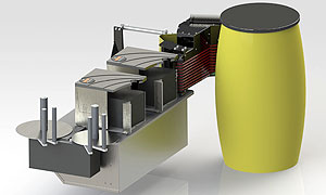 Der Etikettendruckspender Legi-Air Twin - für die vollautomatische Etikettierung von Fässern mit zweifarbigen Chemieetiketten.