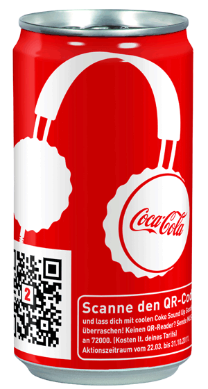 Über den auf der Getränkedose aufgedruckten QR-Code kann mit dem Mobiltelefon eine direkte Verbindung zum Coke-Musik-Portal hergestellt werden. 