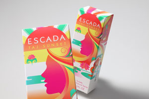 Edelmann setzt die optische Qualität des neuen Duftes von Escada, der von der indischen Alphonso-Mango getragen wird, auf der Verpackung um.