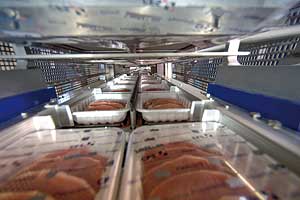 Blick in den Traysealer TwinStar 12: Mit ihm können bis zu 130 Schalen MAP-Verpackungen pro Minute hergestellt werden. Weitere Ausstattungsdetails wie das OperatorLogin-System oder RFID FormatCheck sollen Fehlbedienungen ausschließen.