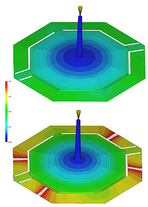 Die Füllsimulation am Computer zeigt das Bauteil, das auf der Fakuma live zu sehen ist: Ein fließverbesserter Kunststoff wie Ultramid*+®+* B3WG6 High Speed (oben) ist in der Lage ein komplexes Bauteil korrekt zu füllen, während einem konventionellen Kunststoff mit gleichem Glasfasergehalt dies bei gleicher Verarbeitungstemperatur nicht gelingt (unten). Dargestellt ist der obere Teil eines etwa 10 cm großen Kreisels mit langem Fließweg. Angegeben ist die Füllzeit in Sekunden. Im Fall des konventionellen Kunststoffs friert die Schmelzefront ein und das Bauteil wird nicht komplett gefüllt.