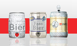 Drei Partyfässer aus Weißblech mit einem Volumen von fünf Litern werden auf der Brau Beviale von der Huber Packaging Group vorgestellt.