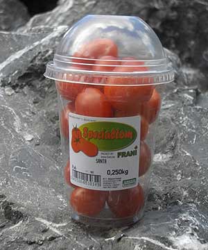 Beispielhafte Verpackung für die kleinen, aromatischen Tomaten von Frani.
