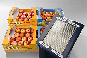 Die Wellpappe enthält einen Ethylen absorbierenden Stoff, der Obst und Gemüse länger frisch hält.
