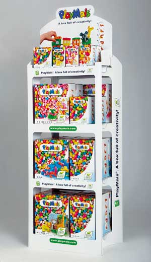 Das Bogendisplay von SCA Packaging für PlayMais*+®+*. Durch die einteilige Konstruktion schnell aufgebaut, verschafft das warentragende Display den Produkten eine attraktive Präsentation am P.O.S. Im Handel wird nur noch das Plakat aufgesteckt und schon kann der Kunde zugreifen.
