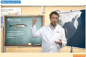 Der Verbraucher wird über eine animierte Weltkugel in das entsprechende Fanggebiet begleitet. Dort berichtet ein iglo Qualitätsbeauftragter über die jeweilige Fischsorte und wo diese gefangen wird.