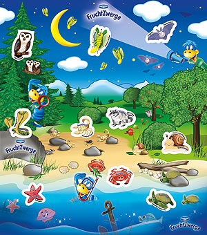 Nachts schlagen nicht alle: Auf dem Poster zum Download können die Leuchtsticker mit nachtaktiven Tieren gesammelt werden.