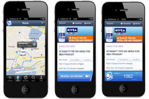 Couponing  am Beispiel von Nivea for Men/Schlecker: Kunde sieht werbende Filiale in seiner Nähe, wählt aktuell verfügbare Angebote aus und löst den Coupon direkt im Geschäft ein.