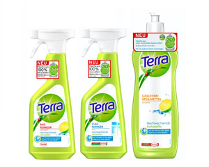 Im ersten Schritt setzte Henkel für die Marke Terra bereits 25% recyeltes PET für die Flaschen ein - jetzt folgt die Umstellung auf 100% Recyclat.
