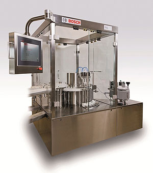 Auf der Achema zu besichtigen: Bosch RIL 3060B, Kolbenstangenmontage- und Etikettiermaschine für Spritzen.