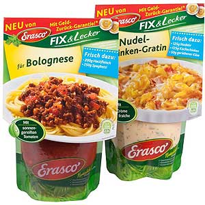Der Vollpappe-Giebel für die Markendifferenzierung der Erasco-Saucen bietet beidseitige Druckflächen, so finden auch Rezeptideen ausreichend Platz. 