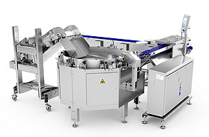 Der MULTIVAC Centrifuge Feeder verpackt bis zu 600 Würstchen pro Minute.