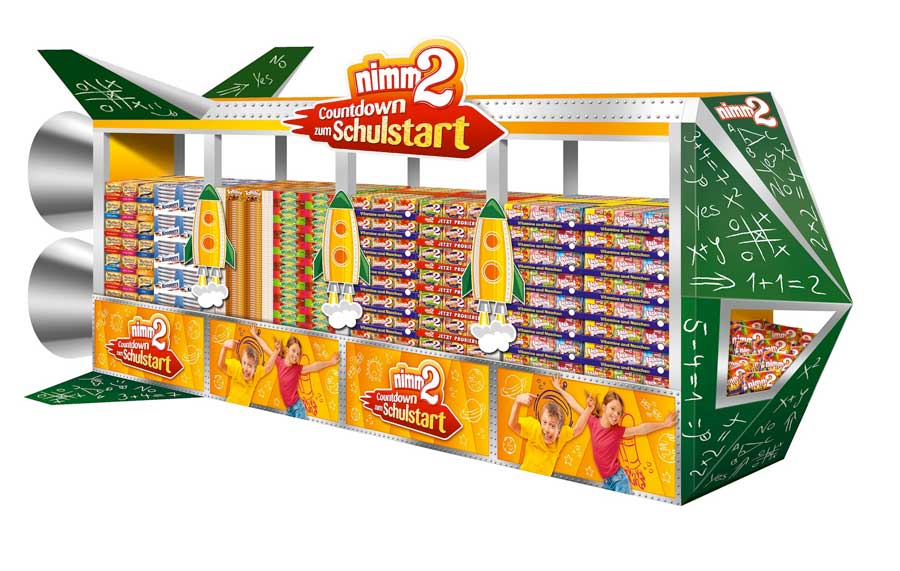 Mit seinem nimm2 Countdown möchte Storck den Kindern die Wartezeit bis zum Schulstart versüßen und zusätzliche Umsätze im Handel generieren. Die Raketendeko kommt dabei von DS Smith.