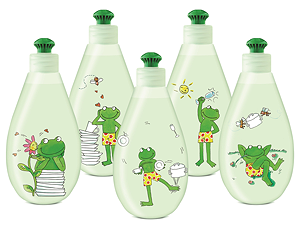 Nachfüllbare Spülmittel-Designflasche von GIZEH mit fünf Frosch-Motiven.
