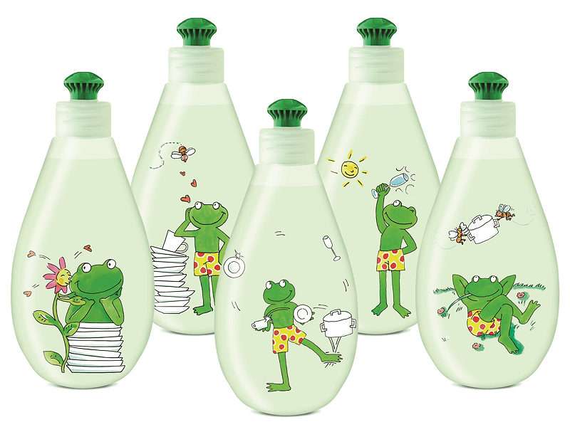 Nachfüllbare Spülmittel-Designflasche von GIZEH mit fünf Frosch-Motiven.
