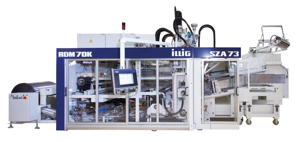 Thermoformsystem mit Rollenautomat IC-RDM 70K, kombiniert mit der servomotorisch angetriebenen Stapelung SZA 73c: Auf der Chinaplas entstehen darauf aus APET-Folie und mit einem 18-fach-Werkzeug Trinkbecher.
Bilder: ILLIG