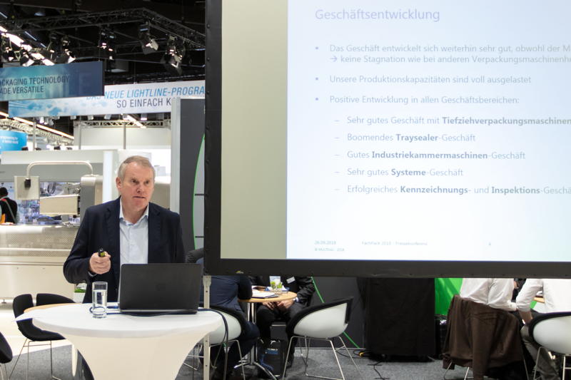 Hans-Joachim Boekstegers, Geschäftsführender Direktor und CEO von MULTIVAC, gibt auf der Fachpack 2018 einen Überblick über die aktuelle Geschäftsentwicklung.
