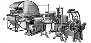Nova Practica: Eine der frühen Flaschenkellereianlagen mit Flaschenbürstanlage von Holstein & Kappert und der „Nova Practica“-Weichmaschine.