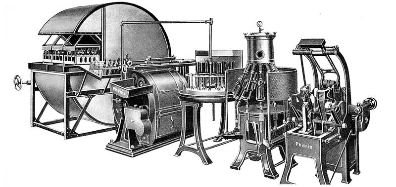 Nova Practica: Eine der frühen Flaschenkellereianlagen mit Flaschenbürstanlage von Holstein & Kappert und der „Nova Practica“-Weichmaschine.