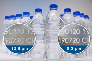 PET-Flaschen Kennzeichnung durch CO2 Laser mit unterschiedlichen Wellenlängen.