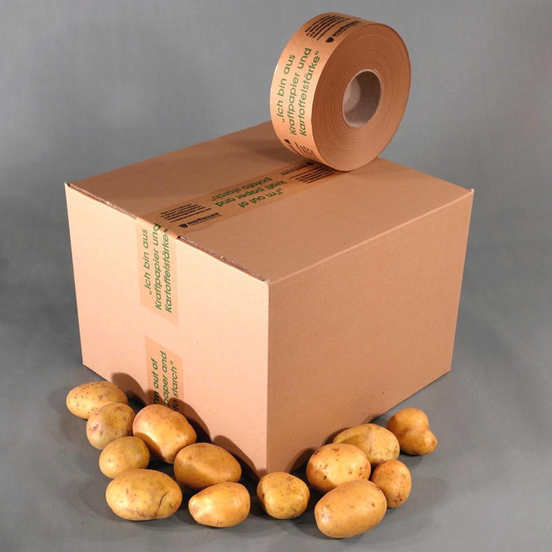 Auf der Biofach 2019 in Nürnberg zu sehen: Die umweltfreundlichen Schümann Nasskleberollen aus Papier und Kartoffelstärke.