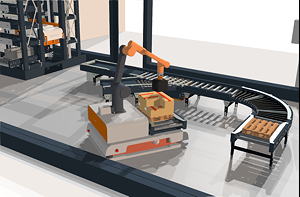 Ausgestattet mit einem MRK-Roboter erfüllt der TRAPO Transport Shuttle verschiedene Anforderungen der Verpackungsindustrie in einem System: Fördern, Palettieren, Depalettieren und Lagenbildung. Hierbei arbeitet der Roboter als zusätzliche Hand des menschlichen Kollegen.