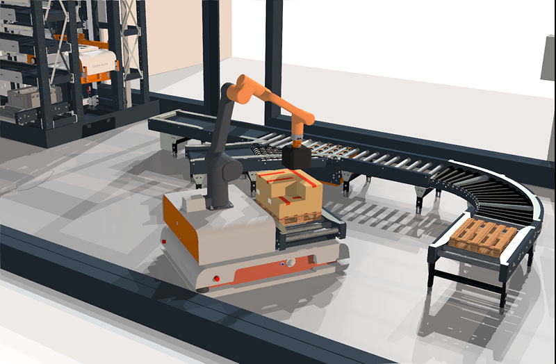 Ausgestattet mit einem MRK-Roboter erfüllt der TRAPO Transport Shuttle verschiedene Anforderungen der Verpackungsindustrie in einem System: Fördern, Palettieren, Depalettieren und Lagenbildung. Hierbei arbeitet der Roboter als zusätzliche Hand des menschlichen Kollegen.