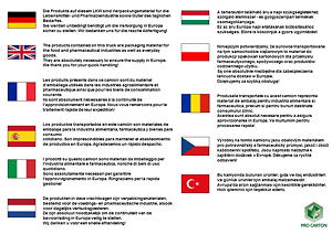 Das Poster in 11 Sprachen kann mit Waren verschickt werden, damit die Fahrer von Transportfahrzeugen bei der Grenzabfertigung Durchlass finden.
