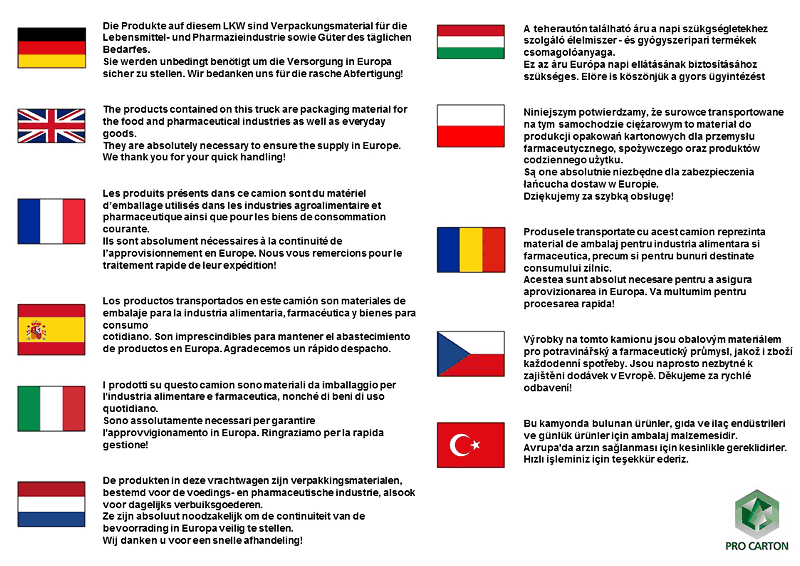 Das Poster in 11 Sprachen kann mit Waren verschickt werden, damit die Fahrer von Transportfahrzeugen bei der Grenzabfertigung Durchlass finden.