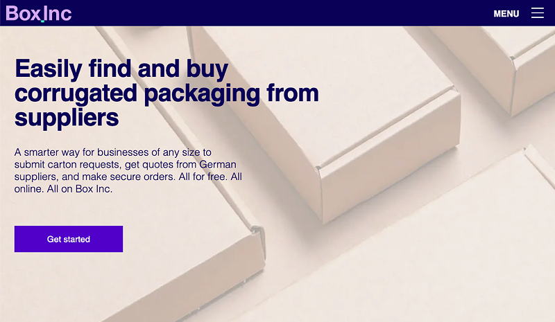 Screenshot of Box Inc, a Stora Enso marketplace for corrugated packaging made of renewable materials.