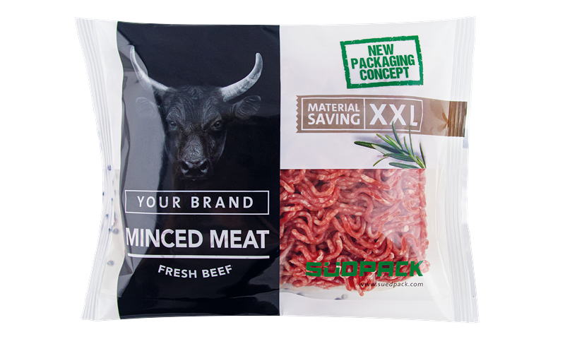 Die Schlauchbeutelfolie Flow Pack PurePP von Südpack ist eine für Hackfleisch unkonventionelle Verpackungsform und spart bis zu 60 Prozent im Vergleich zu Schalenverpackungen ein, wie Südpack vorrechnet.