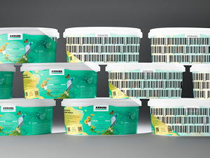 Digitale Wasserzeichen: Für den Endverbraucher unsichtbar (links) sind Informationen als „digitaler Pass“ direkt auf dem Kunststoff oder zugehörigem Label hinterlegt (rechts visualisiert).