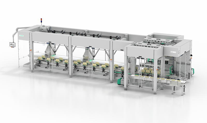 Syntegon neuester Kartonierer Sigpack TTMD kombiniert Kernkomponenten der TTM-Plattform mit nahtlos integrierten Delta Roboterzellen für die flexible Verpackung unterschiedlicher Produkte.