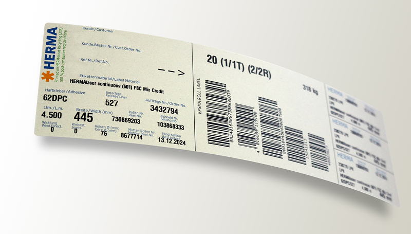 Die branchenweit standardisierten EPSMA-Labels für den Versand von Haftmaterialrollen hat HERMA jetzt komplett umgestellt auf Etiketten aus 100prozentigem Recyclingpapier – derzeit über eine Millionen Roll-Labels pro Jahr.