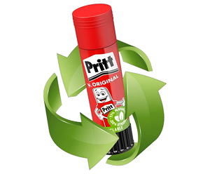 Die neu aufgelegten Hülsen der Pritt-Klebestifte bestehen, je nach Produktgröße, aus bis zu 65 % postindustriell recyceltem Kunststoff und können dem Wertstoffkreislauf zugeführt und in leerem Zustand  recycelt werden.