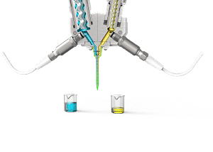 By using a low-shear dosing method it is possible to fill rheopex fluids or liquid powders. The image shows the principle of the ViscoTec endless piston filling.