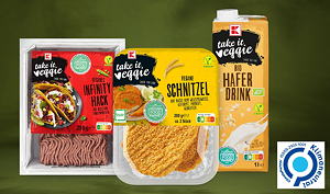 Umweltfreundliche Verpackungen und vergleichbar niedrige Treibhausgasemissionen der pflanzlichen Produkte senken den Emissionswert bevor der Rest über ein Klimaschutzprojekt ausgeglichen wird: Die klimaneutrale K-take it veggie - Range.