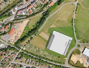 Der geplante Neubau von Faller Packaging umfasst ein Verwaltungsgebäude, eine moderne Produktionshalle mit automatisierter Intralogistik und ein Hochregallager.