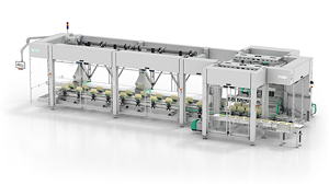 Der Topload Kartonierer Sigpack TTMD mit integrierten Delta-Robotern greift die Produkte und platziert sie liegend oder stehend in die Kartons.