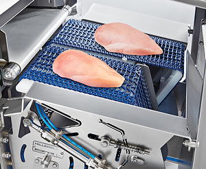 Das Röntgenprüfsystem IX-G2-F entdeckt zum Beispiel Geflügelknochen, deren Dichte sich kaum vom umgebenden Fleisch unterscheidet.