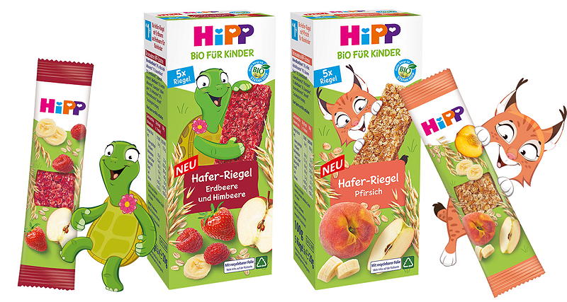 Seit Februar 2022 hat HiPP zwei Haferriegel-Sorten in recyclingfähiger Verpackung im Angebot. Die Riegelfolie ist zu 84 Prozent recycelbar, die Multipack-Faltschachtel aus FSC-zertifiziertem Karton zu 90 Prozent.