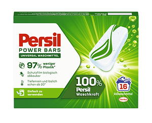Die Verpackung der neuen Persil Power Bars kommt im Gegensatz zu Flüssigwaschmittel mit nur geringem Kunststoffeinsatz aus.