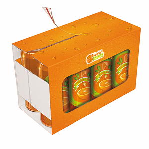Dieser Sparschnitt gibt freie Sicht auf die Produktverpackungen und verleiht dem Multipack hohe Stabilität durch die mittig verklebten Fensterlaschen.