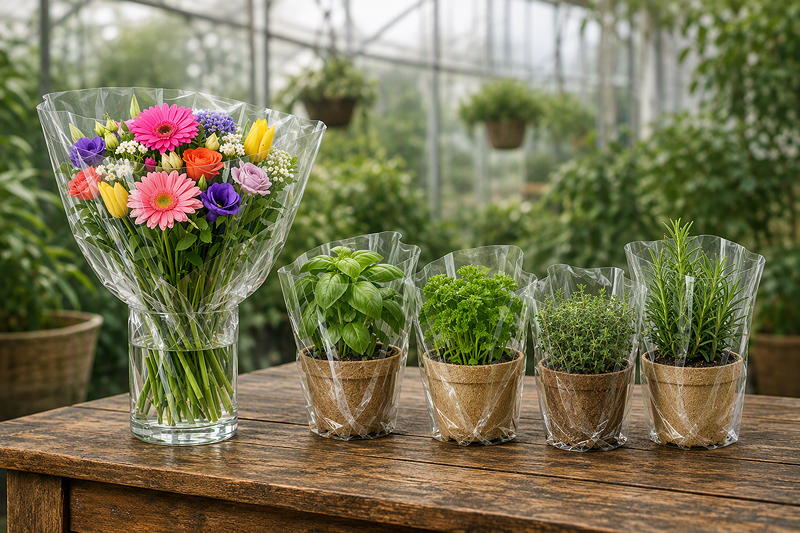 Cut flowers and herbs visibly thrive in SÜDPACK's PLA film.